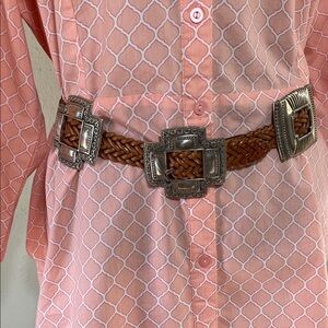 Boho Silver Buckle and Silver Medallions braided belt. Size small